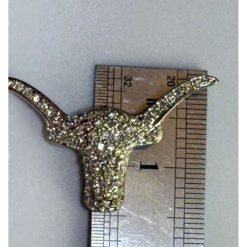 Rhinestone Longhorn Steer Head Brooch Pin Silver Tone Western Cowboy Texas Y2K